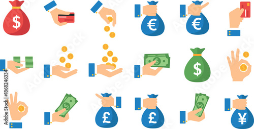 Financial icons set featuring hands holding money bags, coins, credit cards, and currency banknotes in flat design style