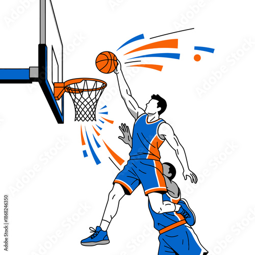 Dynamic illustration of a basketball player scoring with vibrant motion trails and a defender