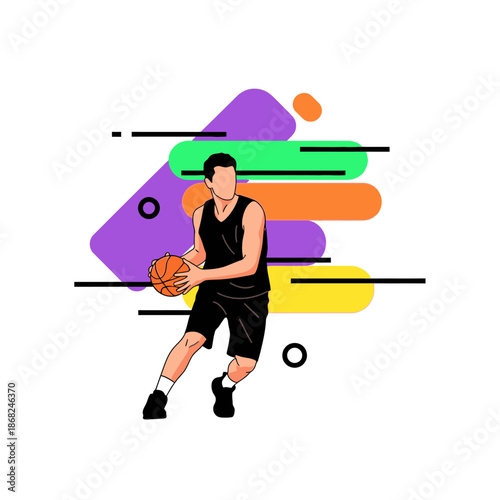 Dynamic basketball player illustration in action with vibrant abstract elements