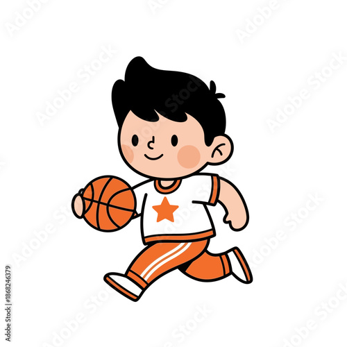 Energetic young boy dribbling a basketball with playful enthusiasm illustration
