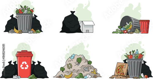 Garbage and waste disposal set with overflowing trash cans, black plastic bags, recycling bins, and piles of litter
