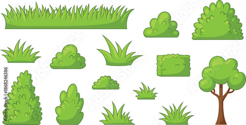 Green garden plants collection with vector illustrations of grass tufts, bushes, shrubs, and a deciduous tree