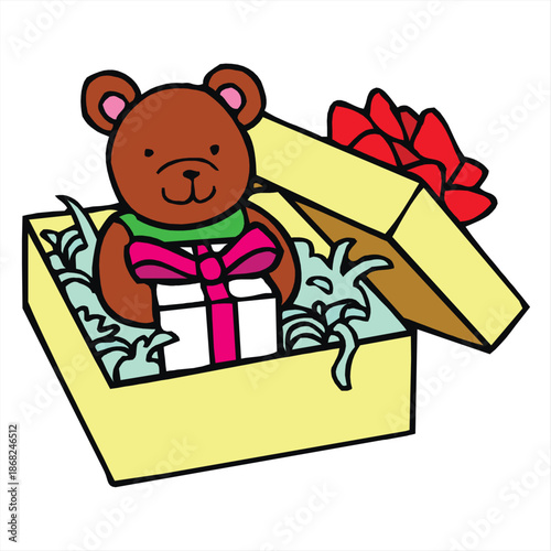 Cute Teddy Bear in Open Gift Box Illustration