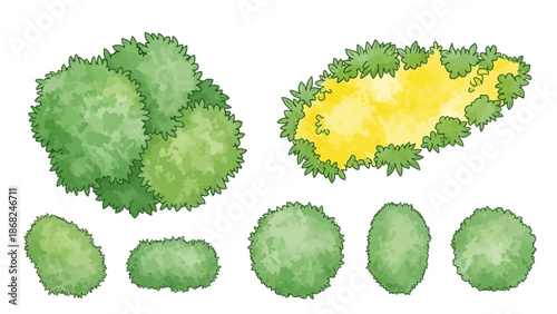 Watercolor tree icon set, yellow hand drawn bush top view, vector green architecture map design kit. Garden park abstract sign, nature environment plan landscape layout object. Flat tree top crown art