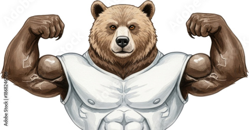 Strong and muscular bear flexing its arms isolated on transparent background