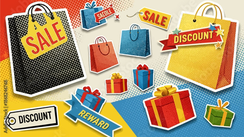 Shopping bag half tone paper collage, vector flying shopper gift concept, discount reward design. Present pack halftone effect poster, creative retro cardboard purchase sale clipart. Shopping bag set
