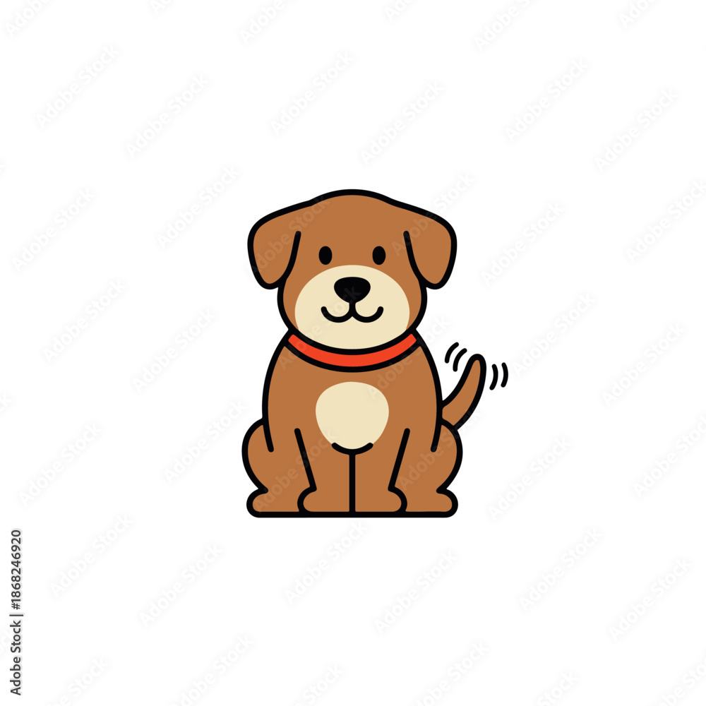 Fototapeta premium A friendly cartoon vector illustration of a cute brown dog sitting and wagging its tail. The style uses rounded shapes, thick friendly line art, and a simple solid color palette.