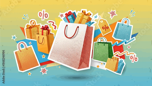 Shopping bag half tone paper collage, vector flying shopper gift concept, discount reward design. Present pack halftone effect poster, creative retro cardboard purchase sale clipart. Shopping bag set