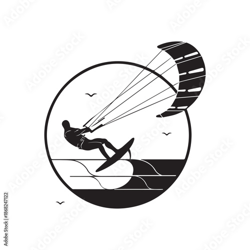 Kitesurfing Silhouette Vector Illustration in Circular Badge with Waves and Birds.