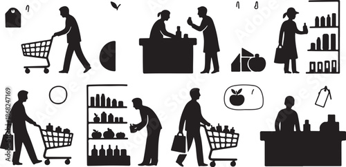 Grocery Shopping Silhouettes in Black and White