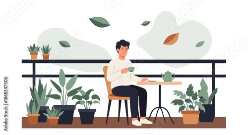 Illustration of a man sitting on a chair at a table on a balcony surrounded by potted plants, holding a cup of coffee