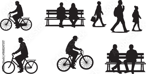 Silhouettes of people walking and riding bicycles