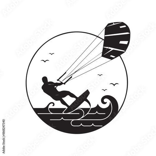 Kitesurfing Silhouette Vector Illustration in Circular Badge with Waves and Birds.