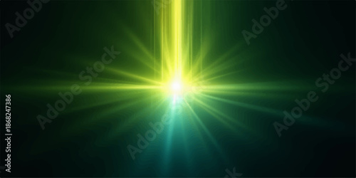 Bright yellow light beam shining on a dark background with lens flare effect