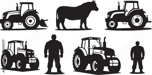 Tractor and Farmer Silhouette Vector Graphics Set