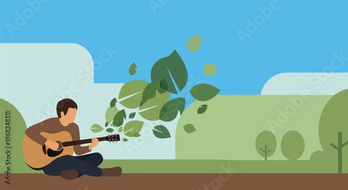 Illustration of man sitting in a park playing acoustic guitar with leaves blowing in the wind, symbolizing harmony with nature and music