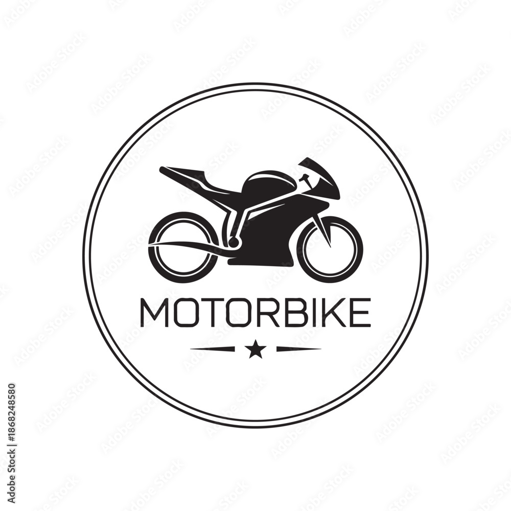Obraz premium Modern motorbike logo badge design featuring sleek racing motorcycle silhouette icon.