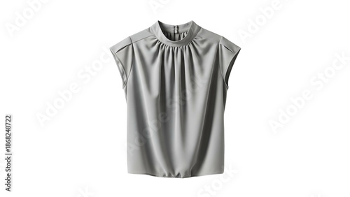 A sleeveless, gray, gathered-front blouse with a high neck and shoulder detailing