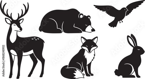 Black silhouettes of forest animals on white