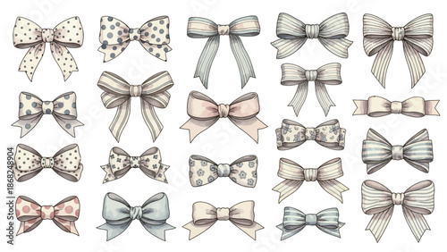 Watercolor bow set, hand drawn cute girly vector vintage hair accessories clipart, romantic ribbon. Wedding holiday jewellery, silk fashion decoration, cartoon sticker. Retro watercolor bow collection