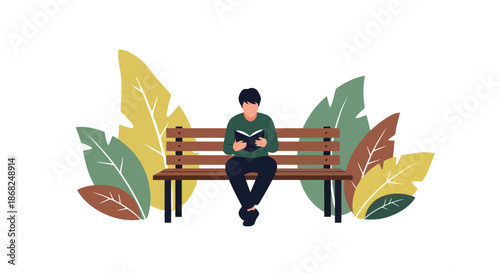 Illustration of a young man sits on a park bench reading a book, surrounded by large, colorful autumn leaves
