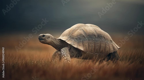 Giant tortoise walking slowly through dry savanna grass
