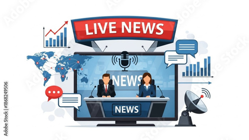 Live news broadcast with anchors at a desk world map charts and satellite dish representing global communication and information