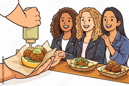 Friends eating and chatting cheerfully by coming together at the restaurant.