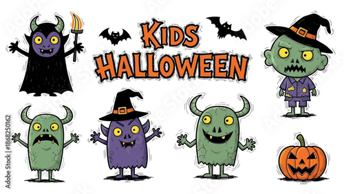 Kids Halloween scribble, cartoon spooky holiday cute doodle set, childish naive scary monsters print. Hand drawn vector autumn creepy October celebration character, vampire, zombie. Kids Halloween art