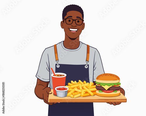 Uniformed service staff serving hot meals to customers with a smiling face.