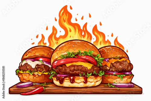 Appetizing burger plate prepared amidst high heat and flames.