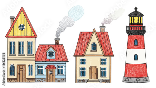 Kids cartoon house doodle set vector crayon lighthouse illustration, hand drawn nordic cute facades. Childish Scandinavian cozy building tower wax crayon texture. Small kids house nursery poster print