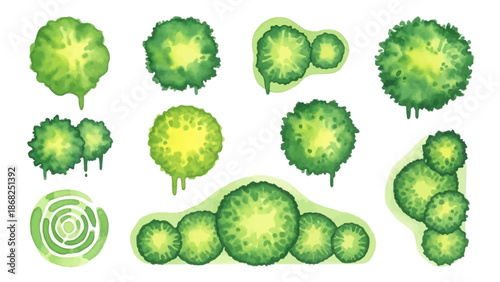 Watercolor tree icon set, yellow hand drawn bush top view, vector green architecture map design kit. Garden park abstract sign, nature environment plan landscape layout object. Flat tree top crown art