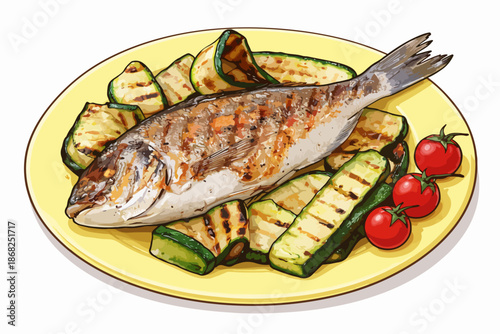 Appetizing seafood grilled on the barbecue accompanied by fresh vegetables.