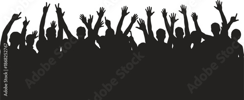 Large cheering crowd silhouette with raised hands celebrating music festival concert event isolated on white background for banner design