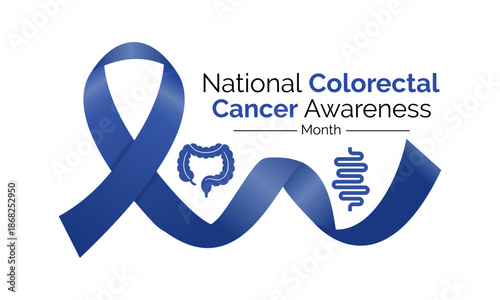 Vector graphic of Colorectal Cancer Awareness Month vector artwork, highlighting annual observance in March. Dark blue Realistic ribbon. In some cases, it is called colon cancer, Banner design.