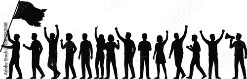Protest march silhouette of people holding flag and megaphone demanding freedom rights isolated on white background illustration activism concept design