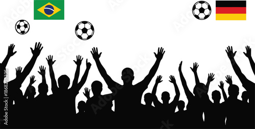 Silhouette of cheering football fans with raised hands celebrating Brazil versus Germany soccer match with flags and flying balls