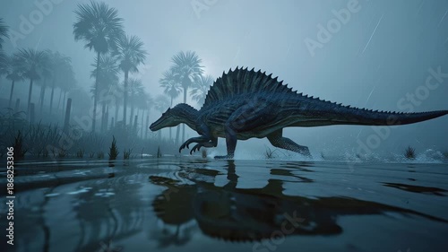 Spinosaurus Walking Through Primordial Swamp Foggy Prehistoric Scene