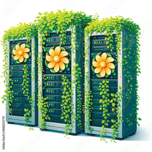 Eco friendly data center with server racks designed as vertical gardens. Green plants and flower-shaped cooling fans symbolize sustainable technology and green computing. Vector illustration.