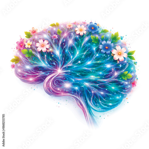 Vector illustration of a neural network as a living ecosystem. Glowing brain formed by fiber optic neurons transforming into leaves and flowers, symbolizing artificial intelligence, growth, creativity