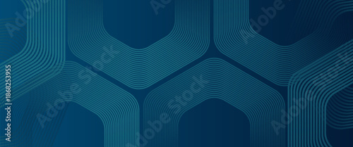 Abstract dark blue background with shining geometric lines. Modern shiny blue hexagon stripes pattern. Suitable for posters, banners, brochures, covers, pamphlets. Vector illustration, eps10.
