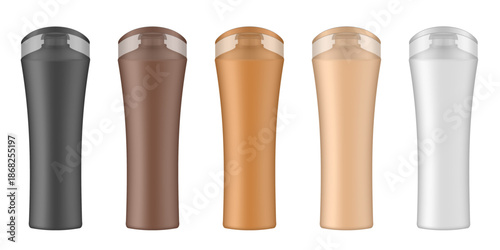 Set of black, brown, beige, and white cosmetic bottles. Realistic mockup. Korean packaging. Lotion or shower gel. Conditioner or hair mask