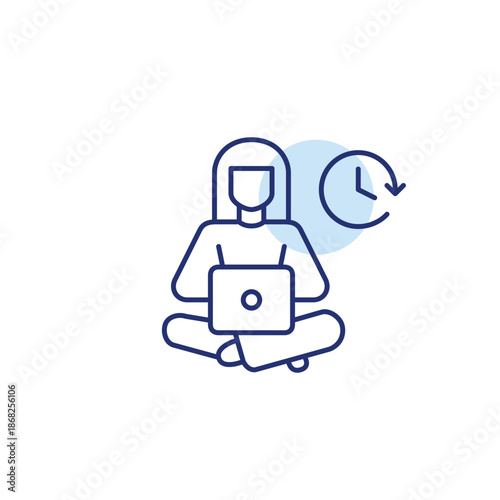 Woman user at laptop and clock. Daily routine, time tracking and work schedules. Pixel perfect, editable stroke vector icon