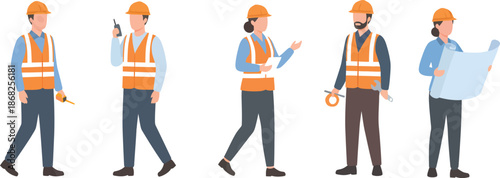 Set of construction workers and engineers in safety vests and hard hats, flat vector illustration