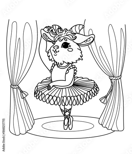 Vector illustration children's coloring book about professions. Linear goat ballerina