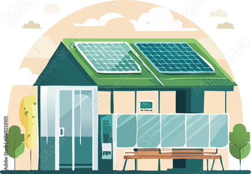 An illustration of a modern, eco-friendly house featuring solar panels on its green roof, with a glass entrance and outdoor seating area, symbolizing sustainable living and renewable energy.
