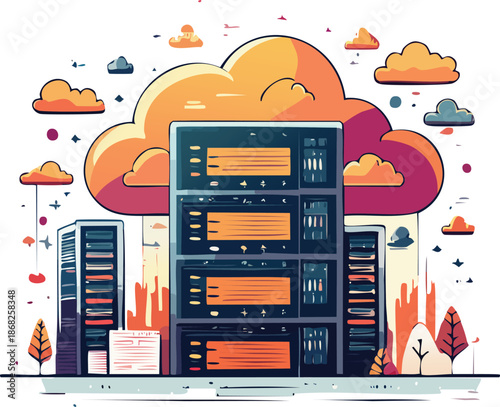 An illustration of a data center with multiple server racks connected to a large orange cloud, symbolizing cloud computing infrastructure and data storage.