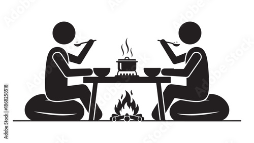 Couple Dining Icon, Romantic Dinner Silhouette, Restaurant Table Scene Vector, Date Night Illustration with Fireplace