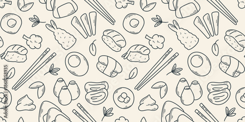 Seamless pattern with sushi, sashimi, tempura and maki. Background with hand drawn elements of japanese cuisine. Asian street food, cafe and restaurant print, vector graphics